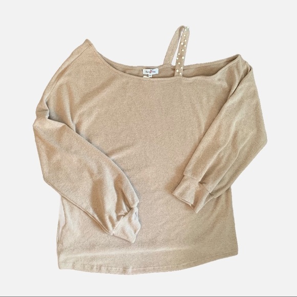 Perfectly Priscilla SHES PERFECT Taupe Knit Pearl Open Shoulder Sweater Plus 1XL - Picture 1 of 8